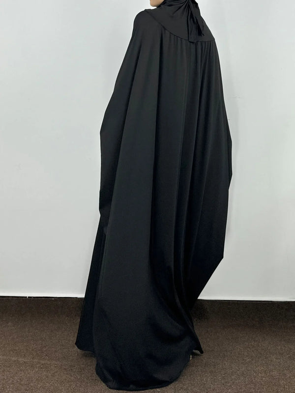 A full-length black elegant hooded abaya for women shown against a white background.