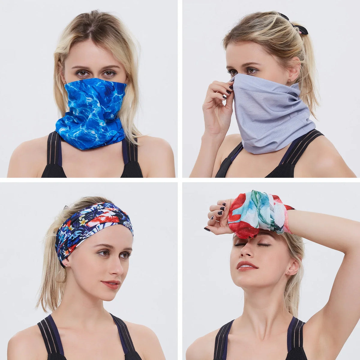 Eine Collage verschiedener blau-lila aktiver Schutzschals und Kopfbedeckungen, die eine Frau trägt.
