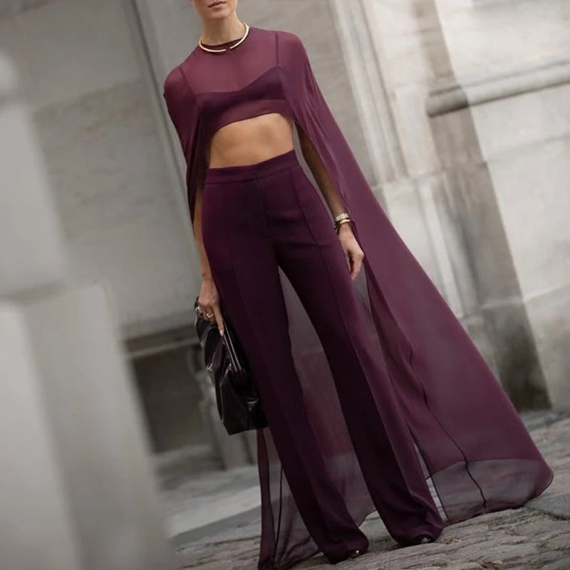 A model wears a sheer, long-sleeved plum mesh poncho cape over a fitted purple jumpsuit in an elegant setting.