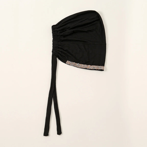 Black elegant hijab cap with a rhinestone trim and long ties