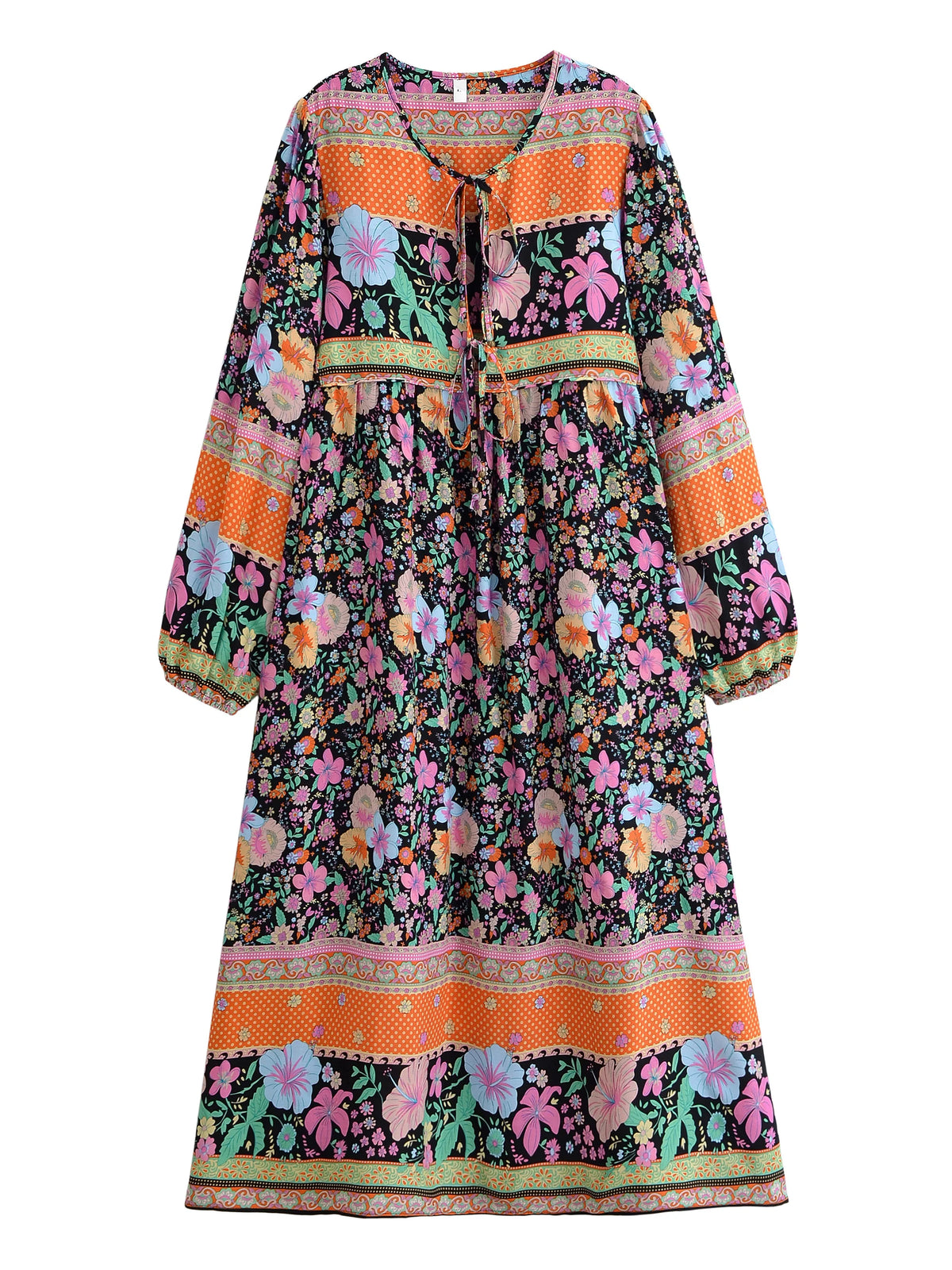 Langes, bohemissches Blumenmaxi-Kleid mit leuchtenden Mustern in Pink, Orange, Grün und Schwarz.