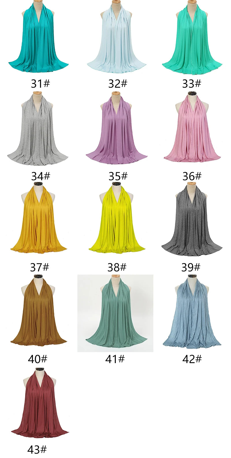 Eine Sammlung von Damen-Hijab-Schals in verschiedenen Schattierungen von Türkis, Pink, Lila und Grün, präsentiert auf einem M