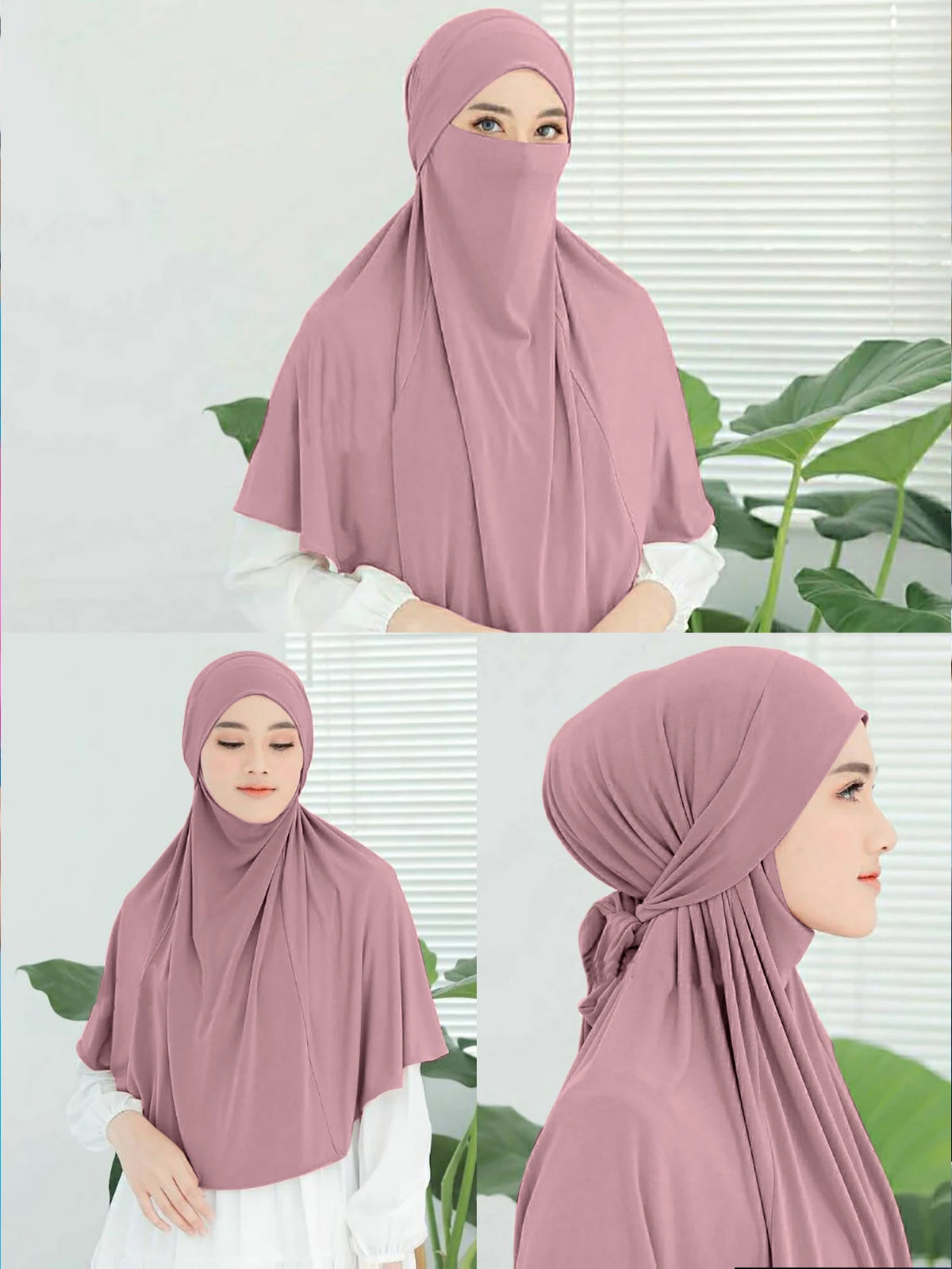 Eine Frau trägt einen staubrosa Instant-Turban-Hijab für Frauen, im Halbfigurenbild.