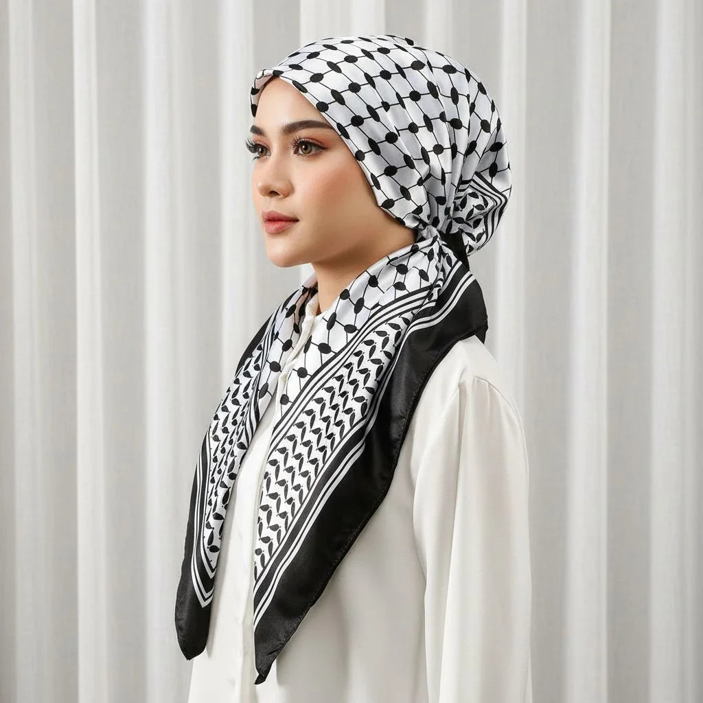 Une femme portant un foulard carré noir et blanc et un foulard assorti avec un haut blanc.