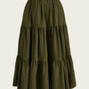 Falda midi a la moda bohemia de color verde oliva oscuro con volantes escalonados.