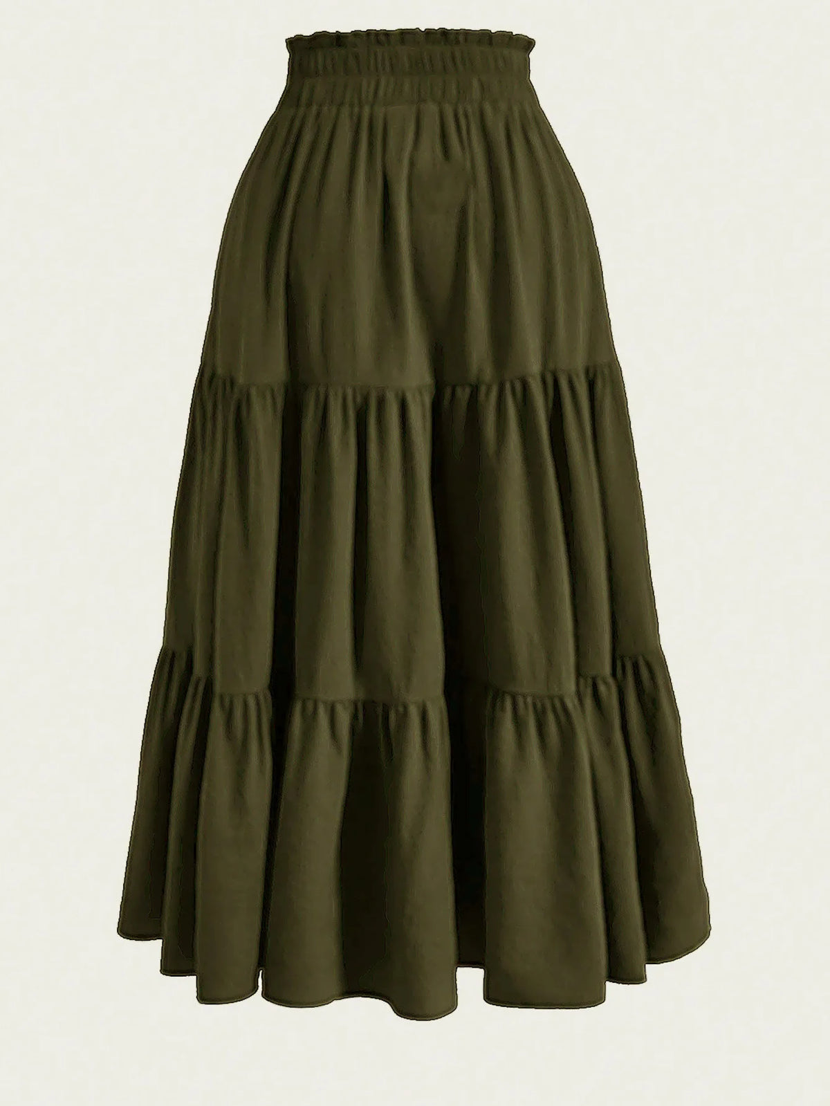 Falda midi a la moda bohemia de color verde oliva oscuro con volantes escalonados.