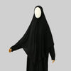 A black large size stretchy modal square scarf for Islamic wear displayed on a mannequin.
