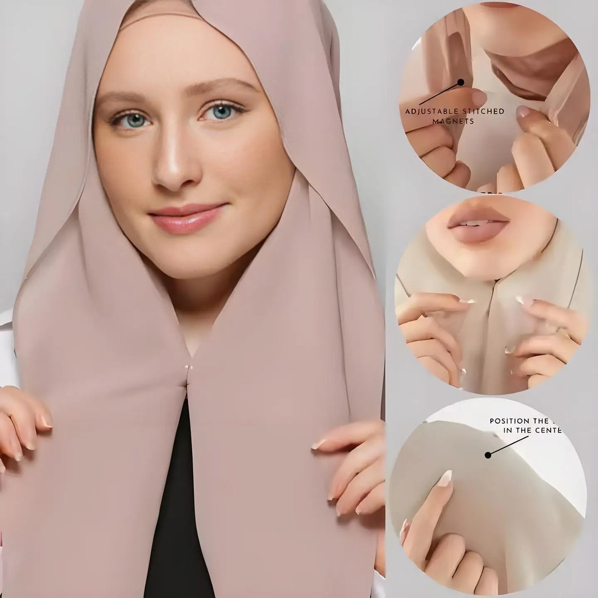 Nahaufnahme einer Frau, die einen hellrosa Chiffon-Hijab mit verstellbaren Nähtenmagneten trägt.