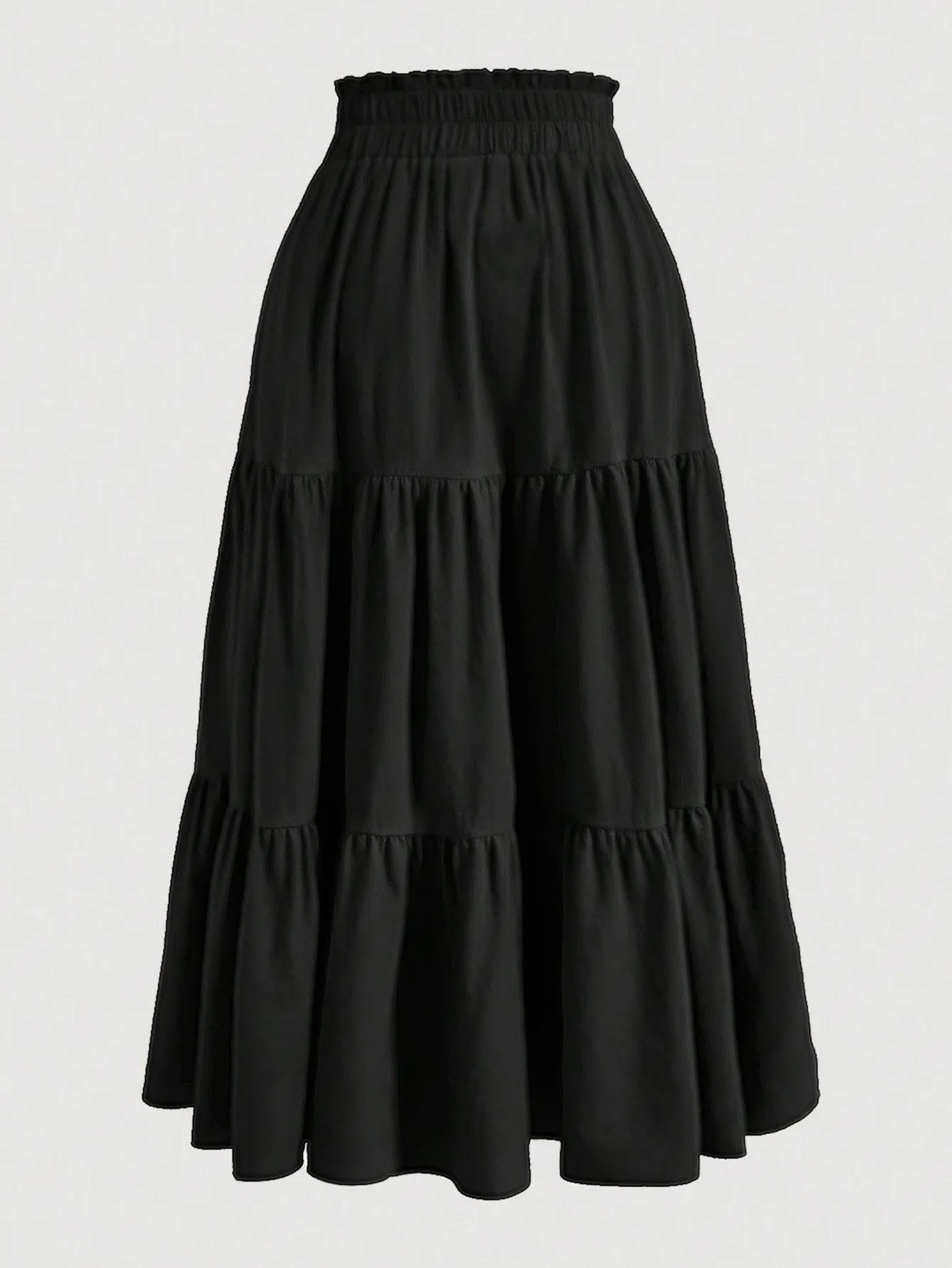 Falda midi A-line bohemia negra con detalle de volantes escalonados