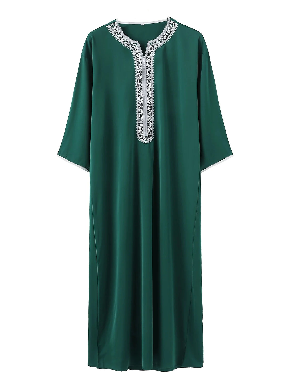 Dunkelgrüne, langärmelige muslimische Robe für Männer mit weißer Stickerei am Kragen.