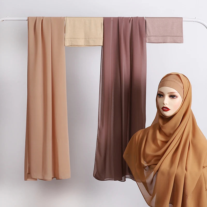 A set of three matching chiffon inner scarves in shades of beige, mauve, and brown displayed on a hanger.