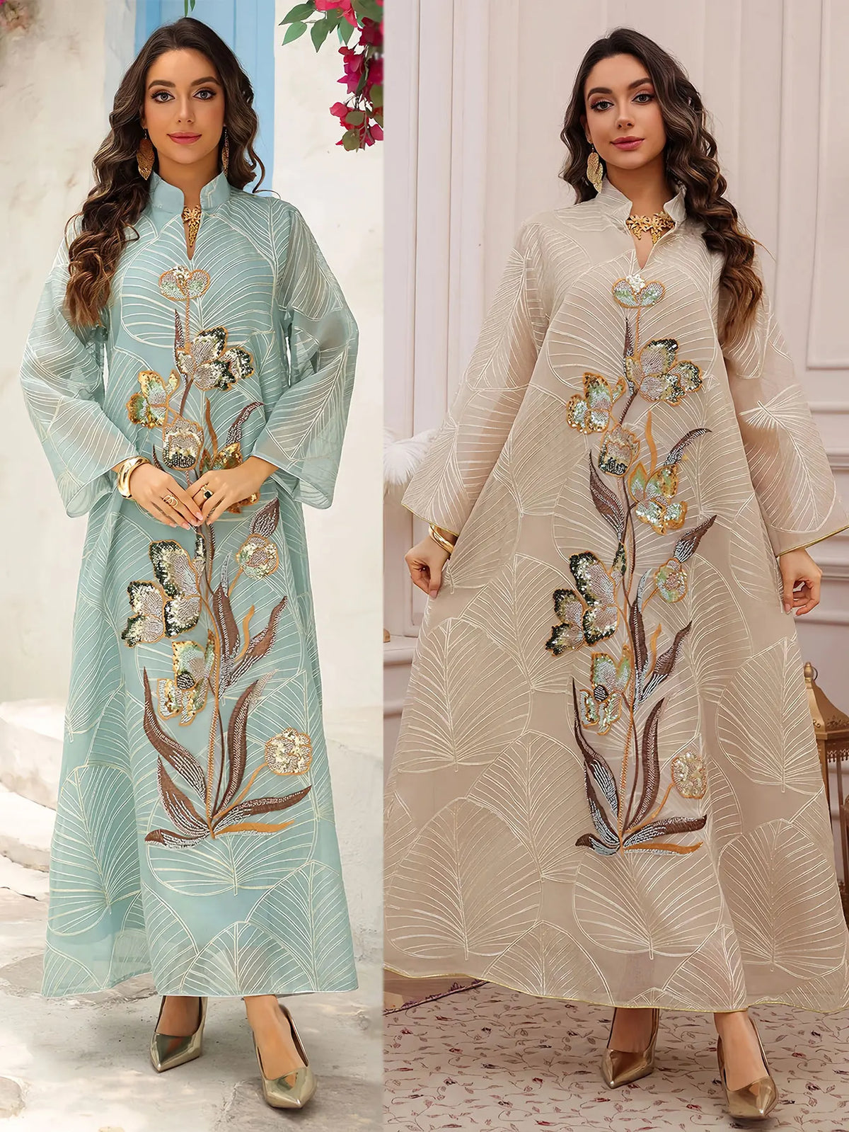 Eine Frau präsentiert ein hellblaues, besticktes Pailletten-Abaya für Abendkleidung mit goldenen Akzenten.