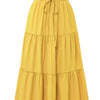 Falda midi bohemia a rayas mostaza amarilla con cintura fruncida y volantes a capas.
