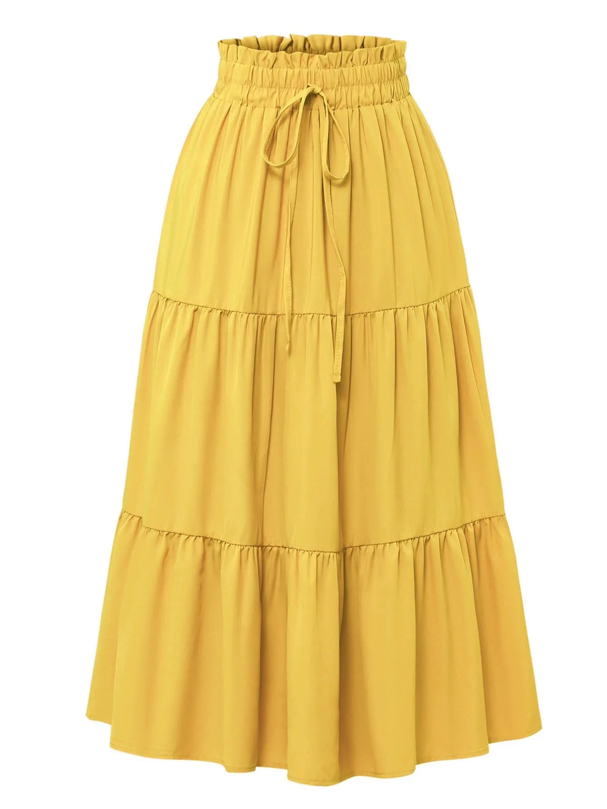 Falda midi bohemia a rayas mostaza amarilla con cintura fruncida y volantes a capas.