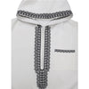 White Moroccan embroidered men's thobe jellaba with black detailing and a zippered front