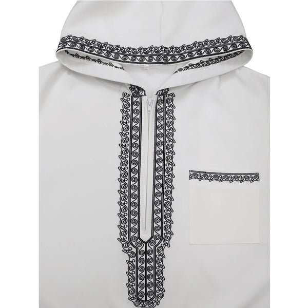 White Moroccan embroidered men's thobe jellaba with black detailing and a zippered front