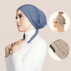 A woman wearing a blue anti-slip inner hijab cap and white turtleneck shirt, with close-ups of the product.