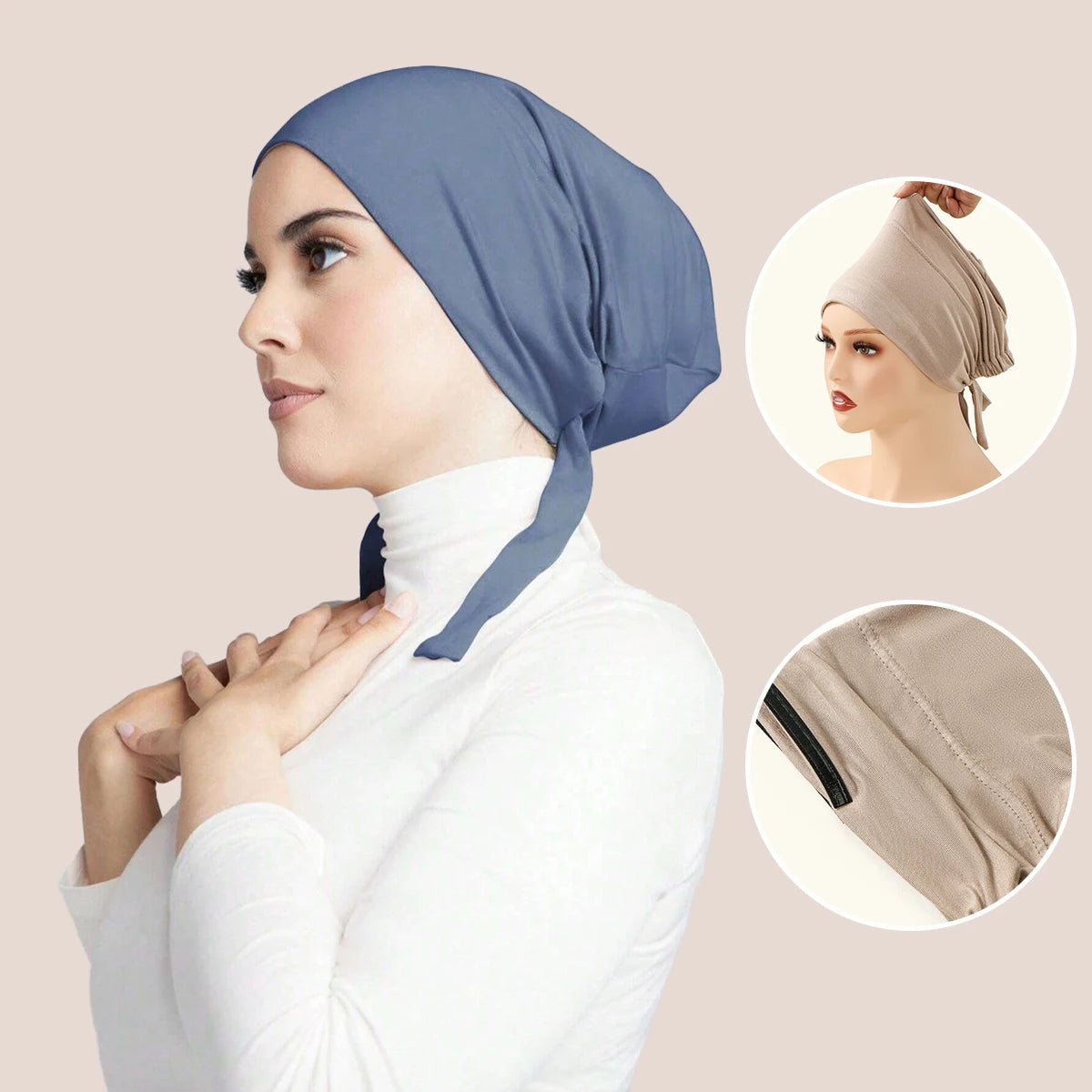 A woman wearing a blue anti-slip inner hijab cap and white turtleneck shirt, with close-ups of the product.