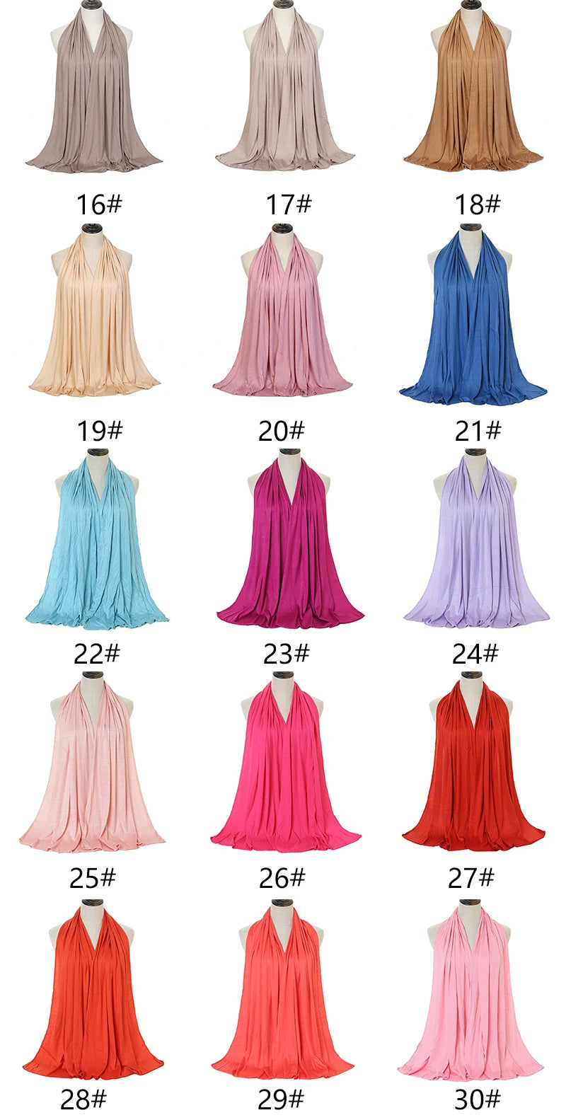 Eine Sammlung von Damen-Hijab-Schals in verschiedenen Mauve-, Pink- und Blautönen, präsentiert auf einem Mannequin.
