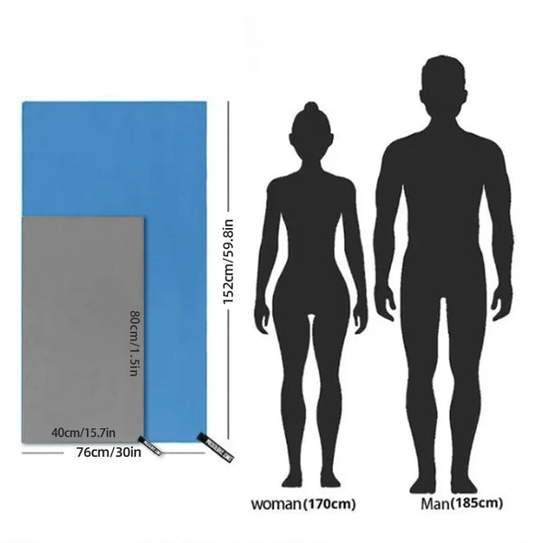 A set of blue and gray microfiber travel towels shown next to silhouettes of a woman and a man.