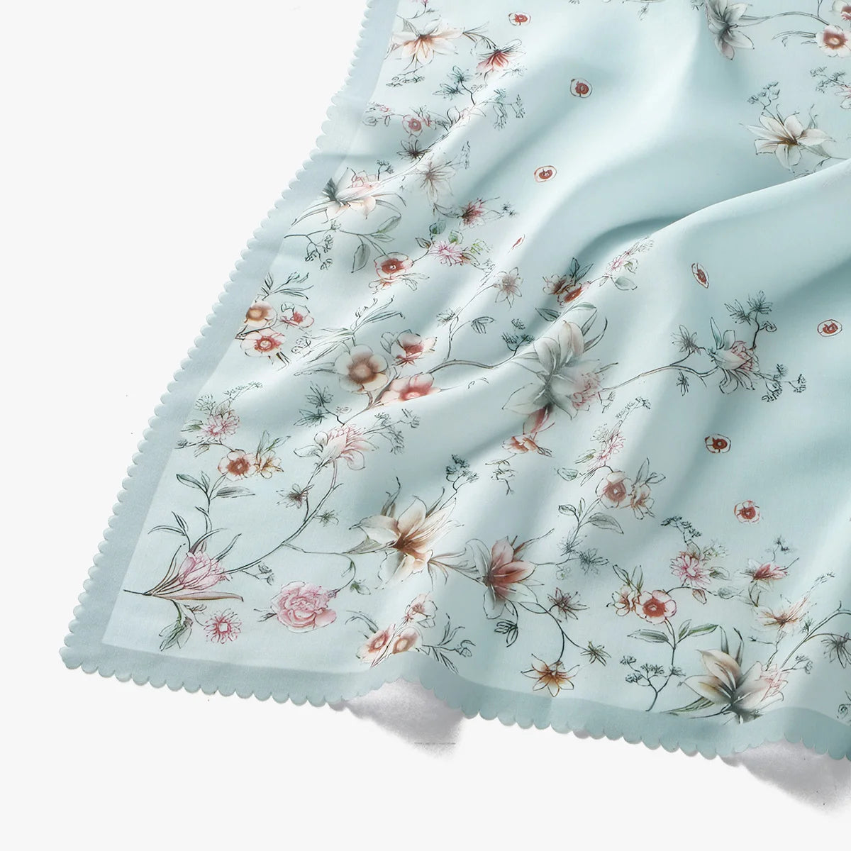 Hellblaue florale quadratische Hijab-Schal mit zarten rosa und grünen botanischen Mustern