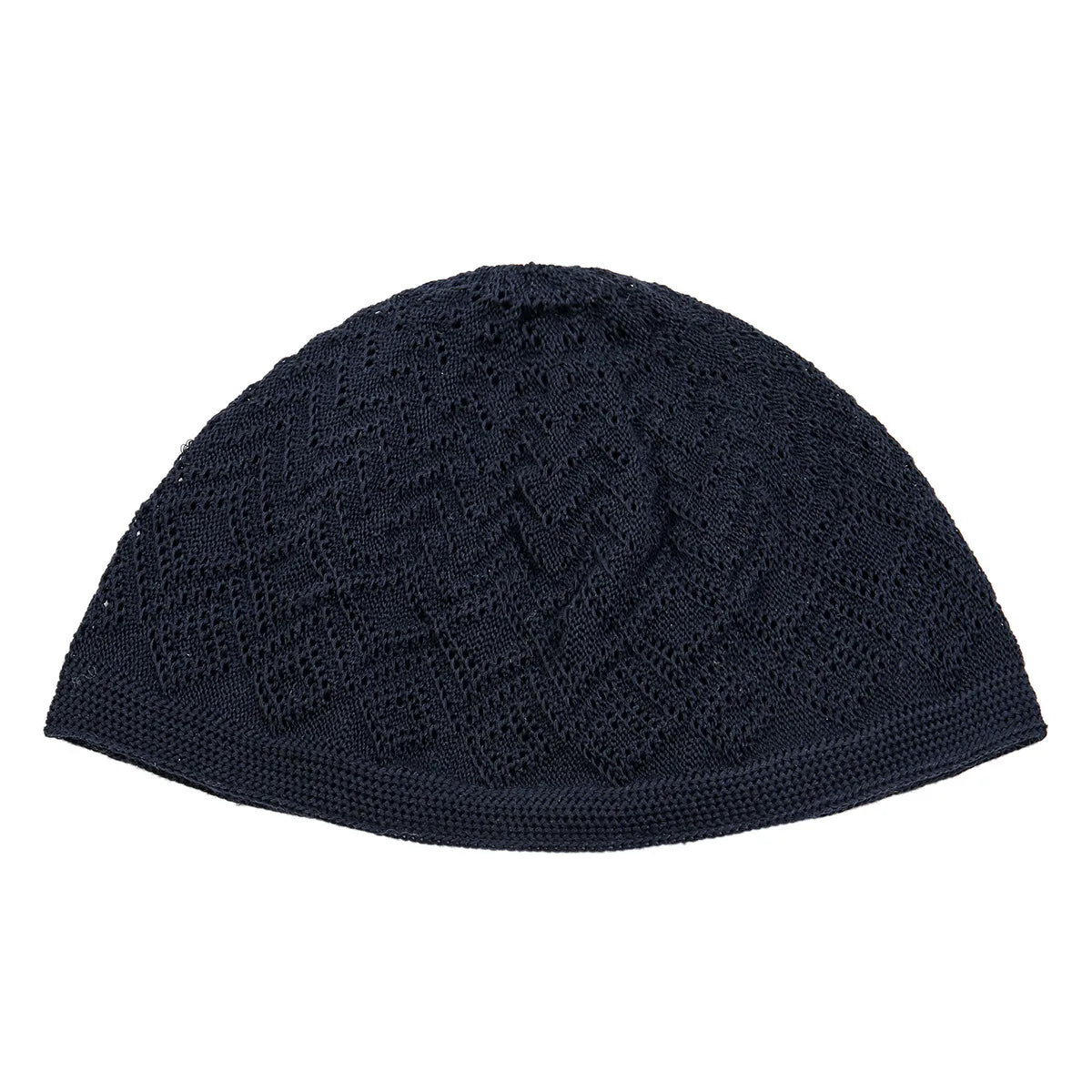 A dark navy blue knitted prayer hat or kufi with a textured, openwork pattern.