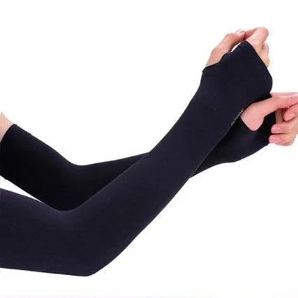 Black cooling UV protection arm sleeves worn on an arm.