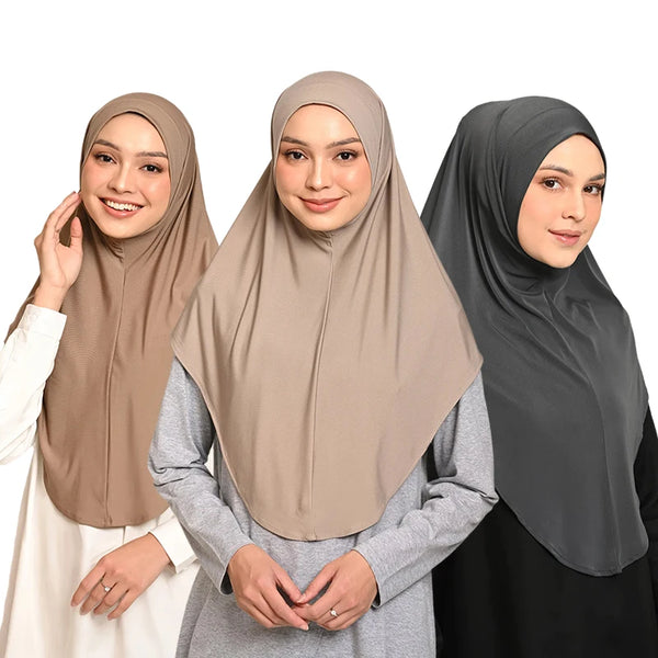 Three women wearing instant cotton hemp inner hijab turban wraps in beige and gray tones.