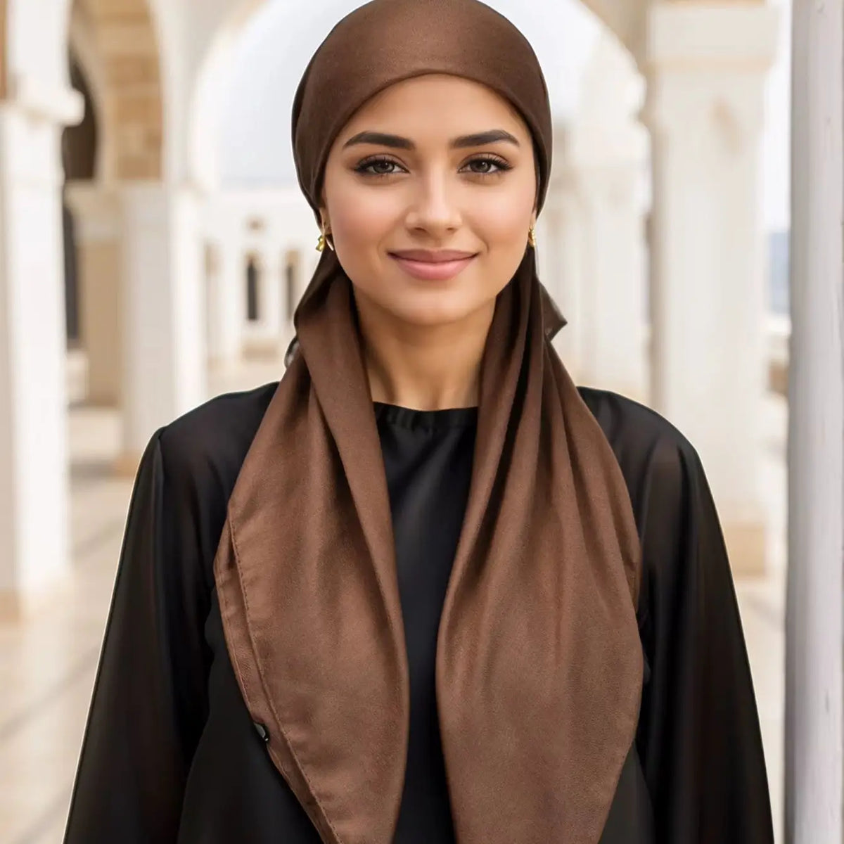 A woman wearing a solid brown linen elastic headscarf cap and black clothing in an outdoor architectural setting.