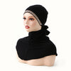 Gorro de hijab negro elegante y de cobertura total con cinta de lentejuelas doradas, exhibido en maniquí.