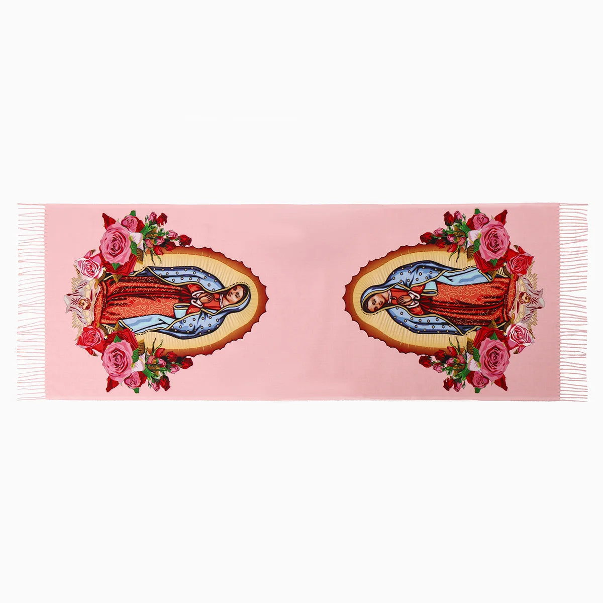 Bufanda rosa con bordados de la Virgen María de Guadalupe y detalles florales