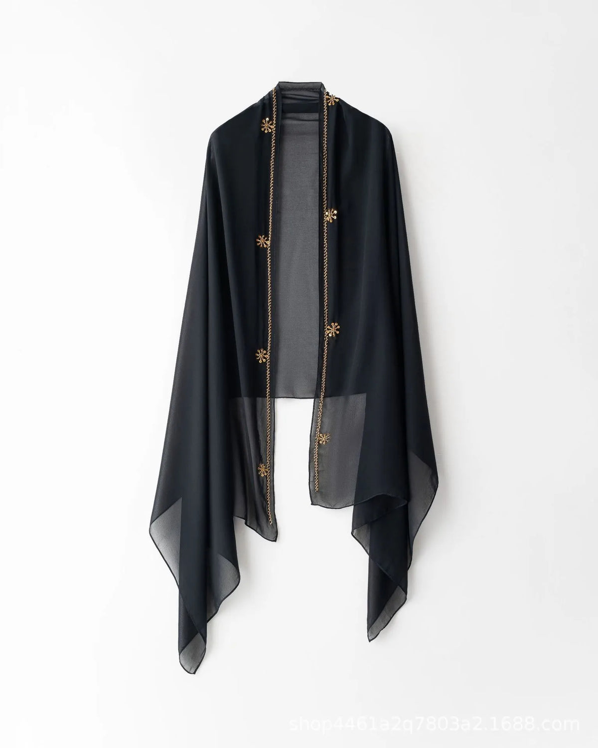 Black sheer abaya with gold floral beads and a matching scarf