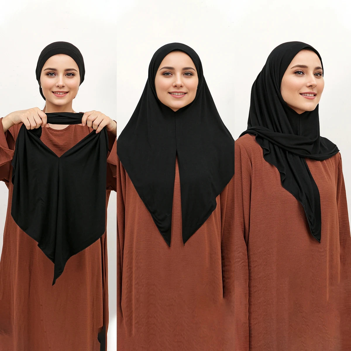 Drei Frauen tragen schwarze Instant-Hijab-Schals und passende braune Tuniken