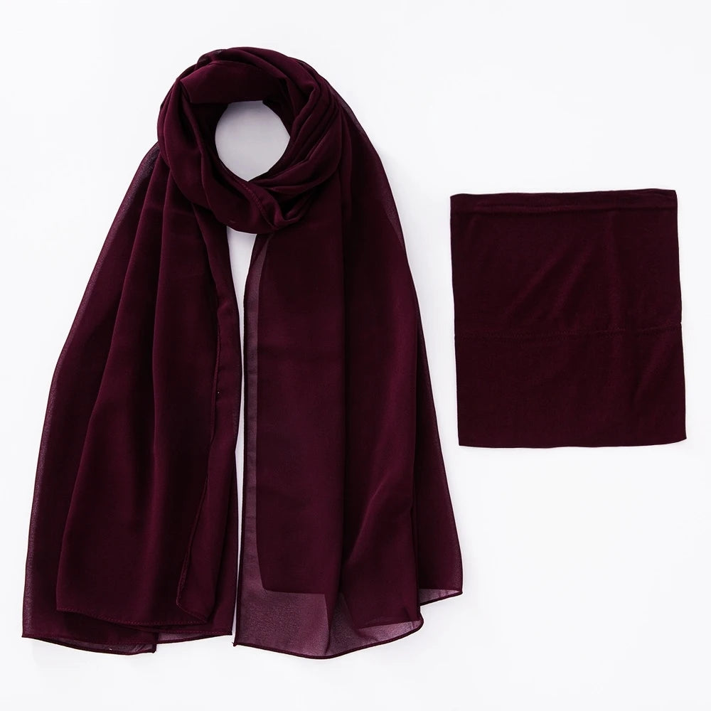 A deep burgundy chiffon hijab and underscarf set displayed flat.
