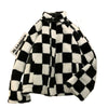 Chaqueta parka de invierno para mujer con estampado de tartán de piel sintética en blanco y negro