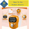 Contador electrónico amarillo con pantalla digital y botones, junto a pulseras de silicona para los dedos.