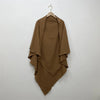 A brown two-layer everyday hijab scarf draped on a hanger against a white wall.