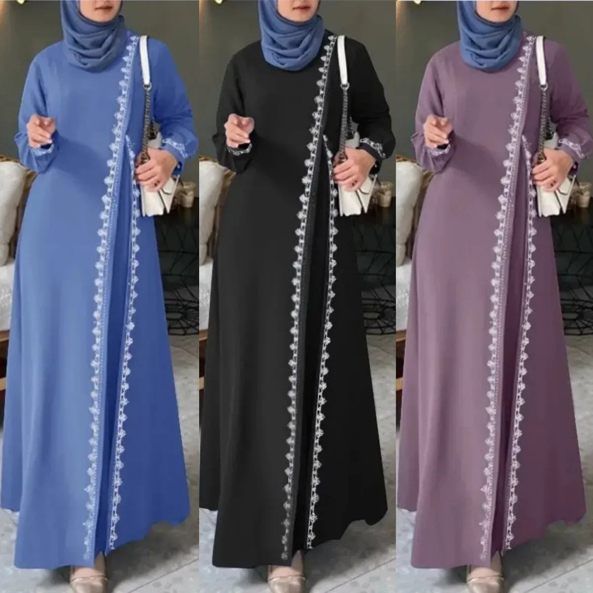 Eine Frau trägt ein elegantes Spitzen-Abaya-Kleid in blauen, schwarzen und violetten Tönen.