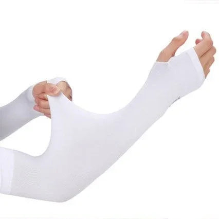 White cooling UV protection arm sleeves being worn on a hand and forearm.