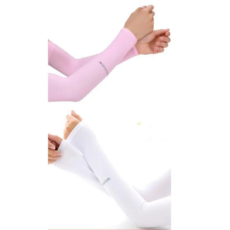 A pair of white cooling UV protection arm sleeves shown on a hand and forearm.