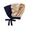 Elegant satin hijab cap and undercap set in navy blue and gold.