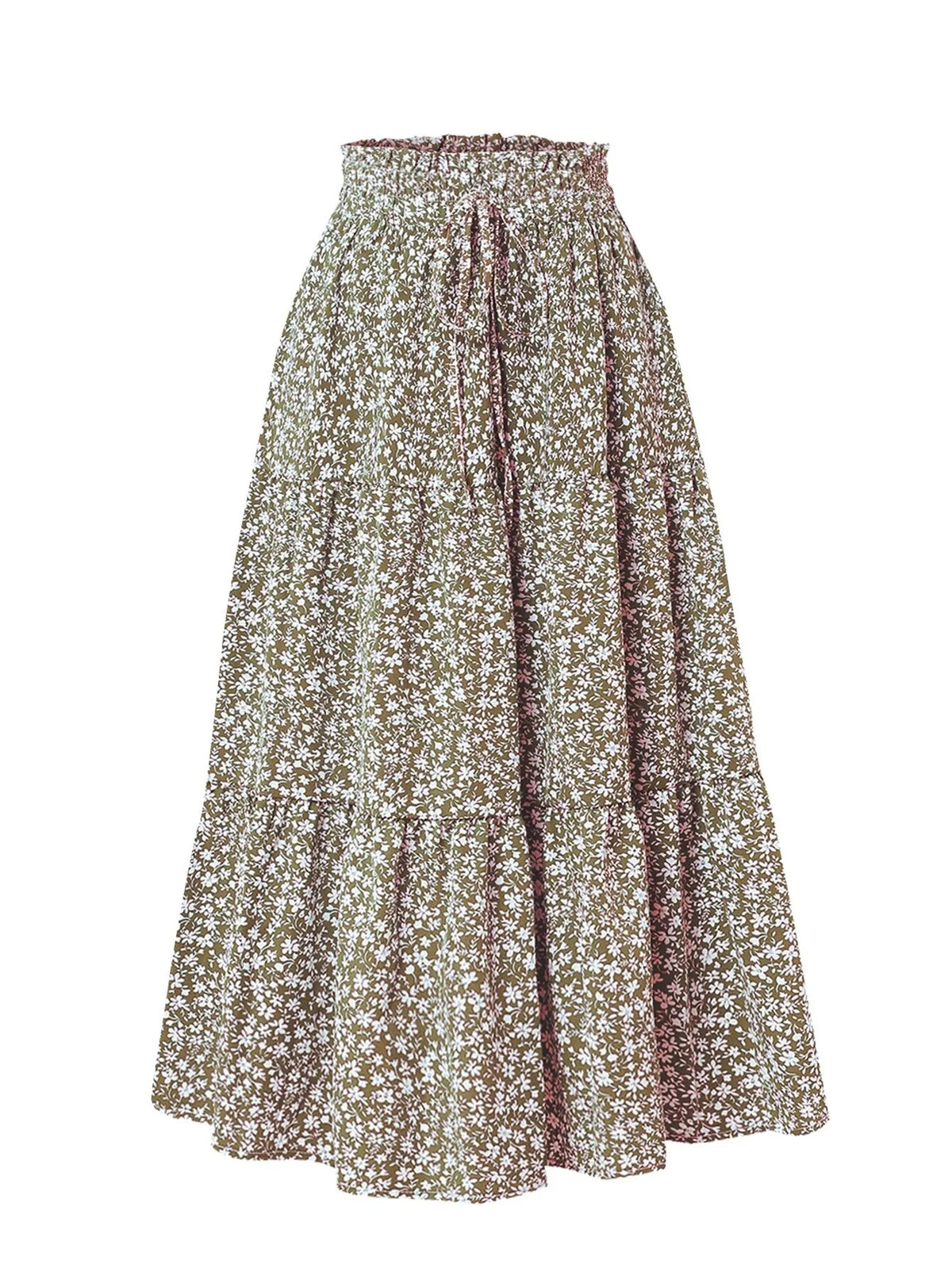 Falda midi A-line bohemia floral marrón con cordón en la cintura.