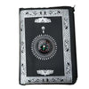 Black portable braided prayer rug featuring a compass and prayer markings.