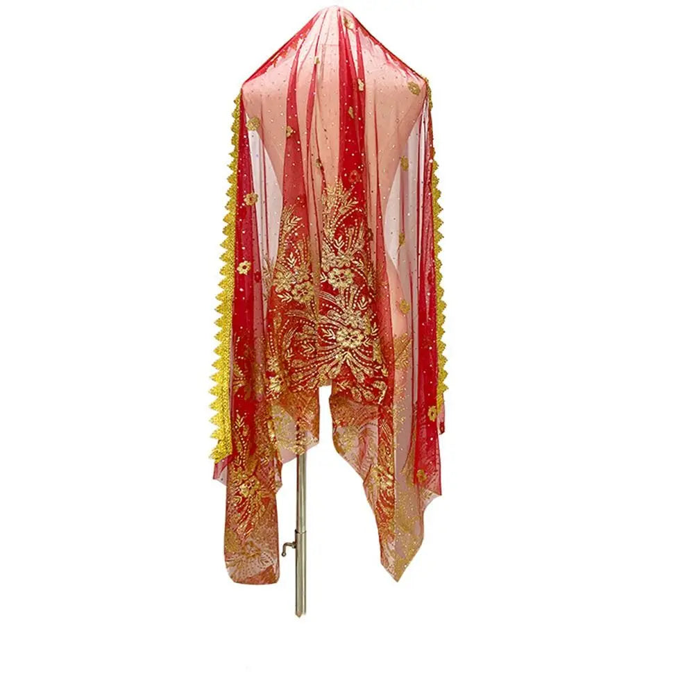 Durchsichtiger roter und goldener Netz-Hijab mit Blumenmuster für den Belly Dance.