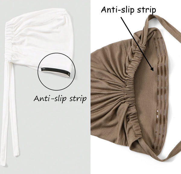 A white adjustable elastic headband hijab cap shown with an anti-slip strip detail.