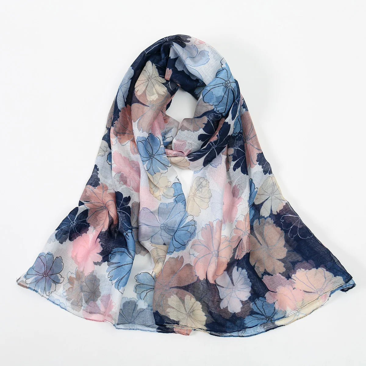 Fließender floraler Viskose-Hijabschal mit Aquarellmuster in Rosa-, Blau- und Violetttönen.