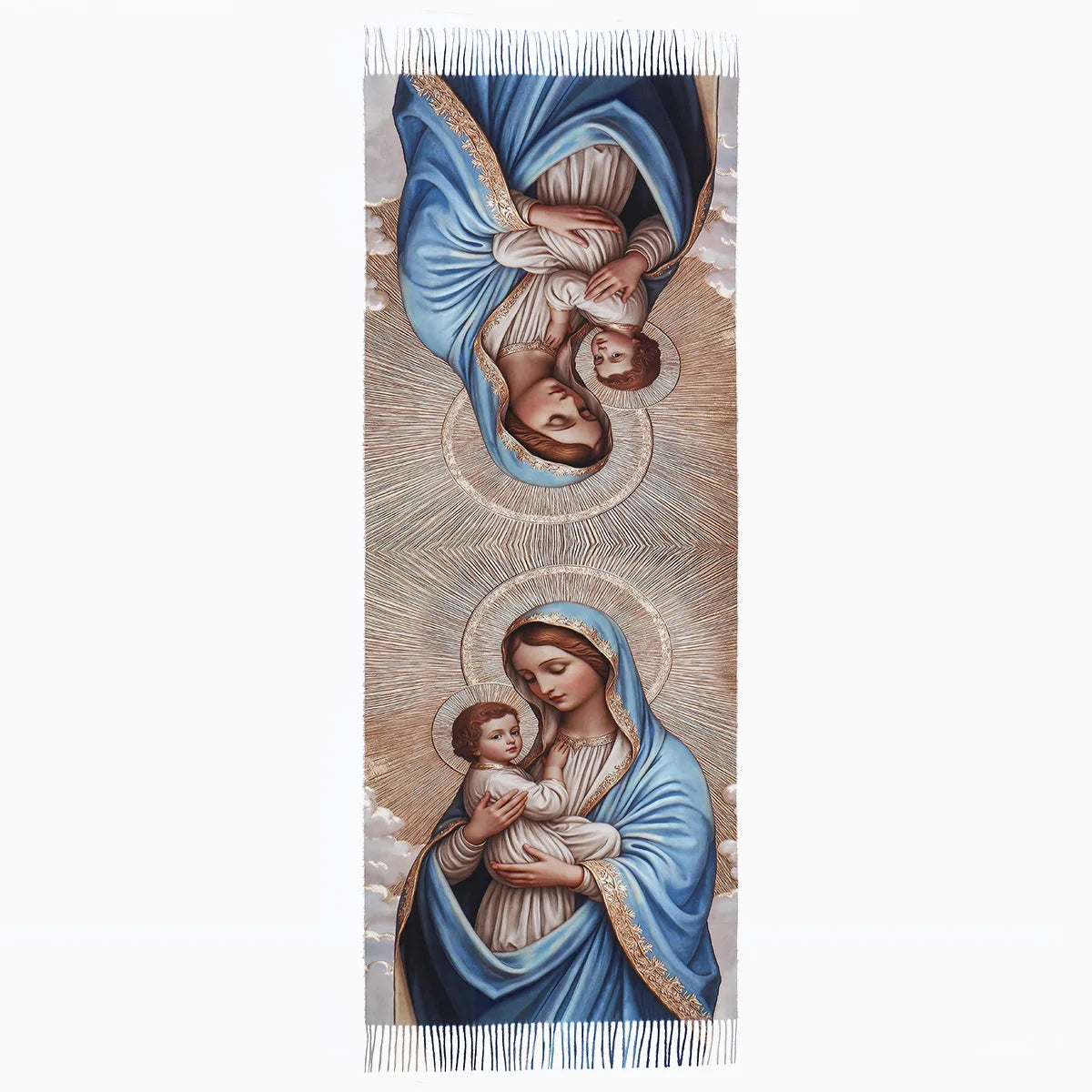 Impresión vertical de la Virgen María de Guadalupe con un bebé, representada en tonos azules y dorados.