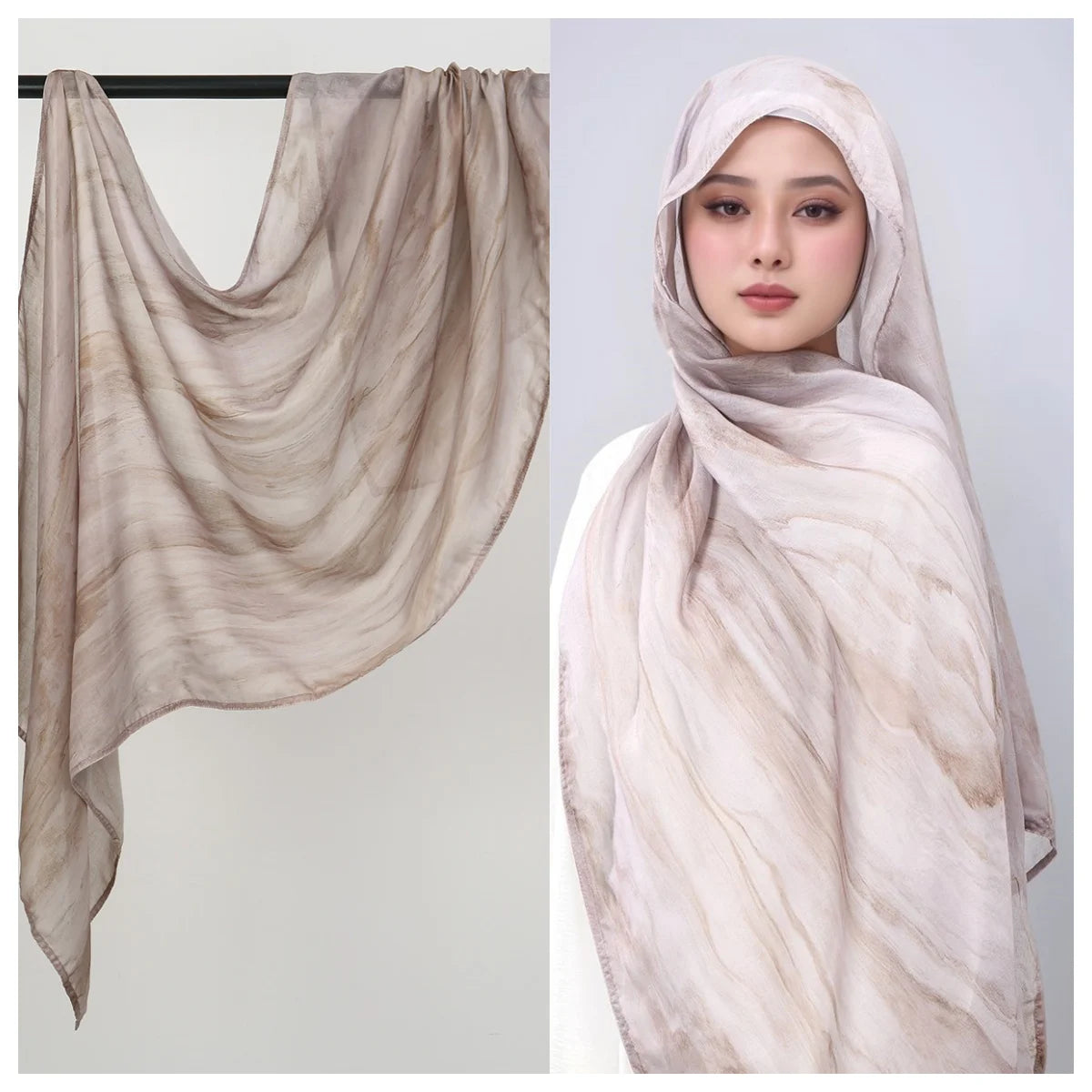 Eine Frau modelliert einen hellbeigen Aquarell-Ombré-gedruckten Rayon-Modal-Hijabschal über Kopf und Schultern.