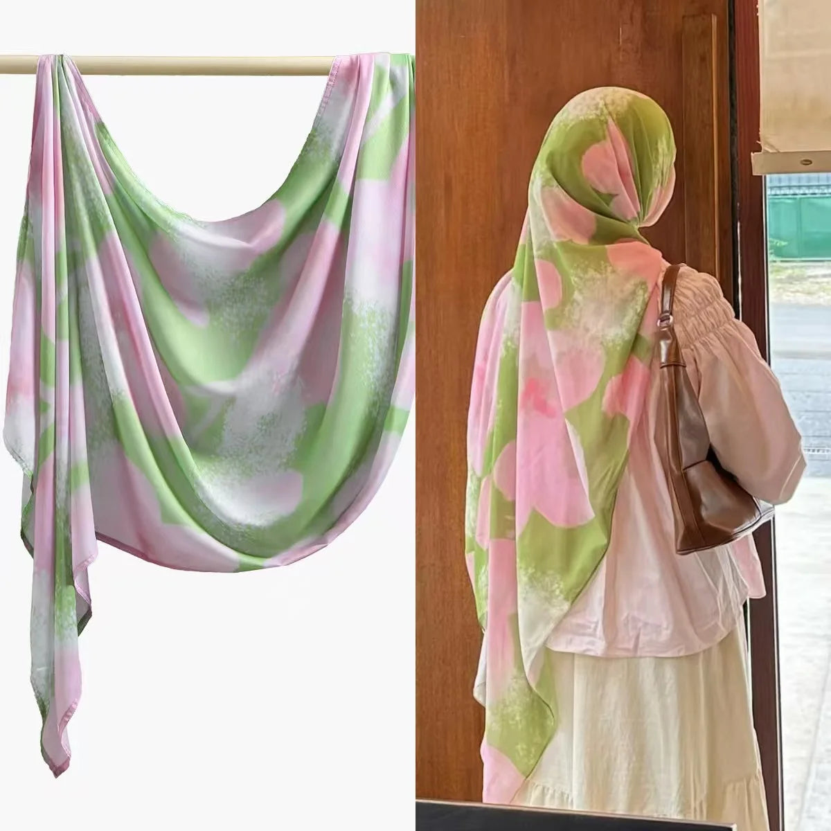 Rosa und grün aquarellierter Baumwoll-Modal-Hijab-Schal, aufgehängt.