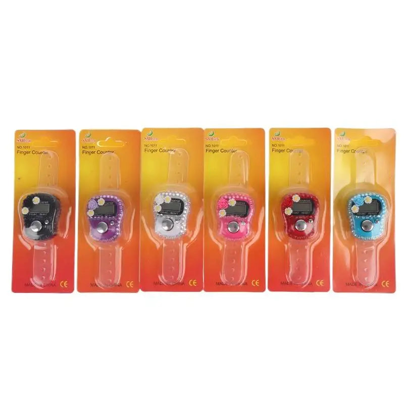 A set of colorful finger counters for meditation and counting, displayed in individual packaging.